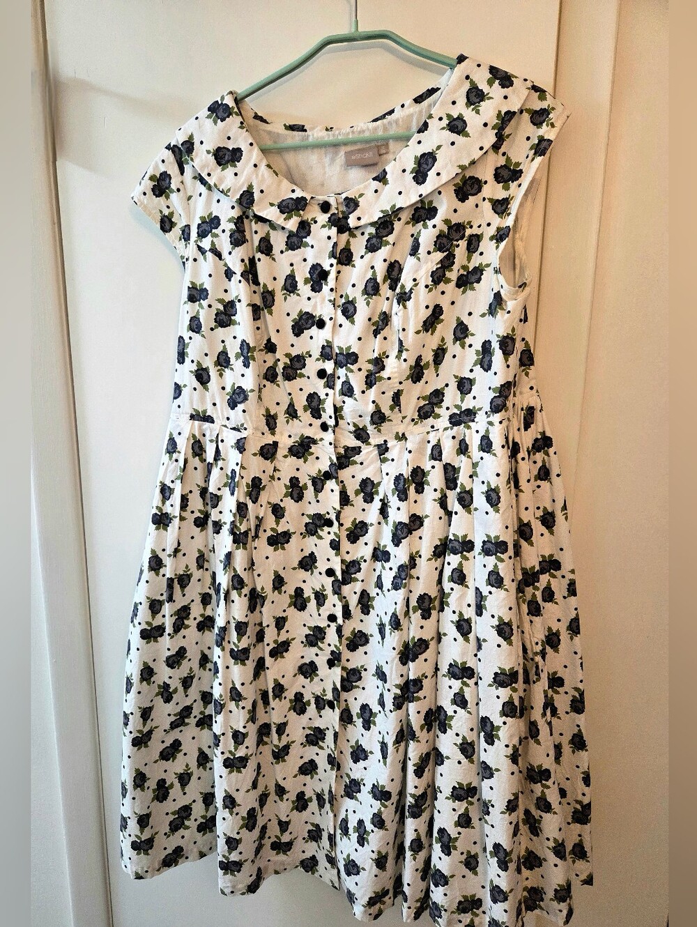 eshakti White Dress with Navy Floral Print